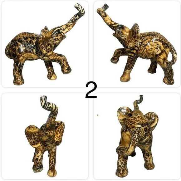 Lot of 2 La Vie Trunk Up Elephant Figurine Safari Animal Print Patchwork Ceramic - Picture 5 of 17